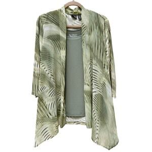 Chicos Travelers Tropical Palm Print Green Open Front Cardigan Size 2 (US Large)